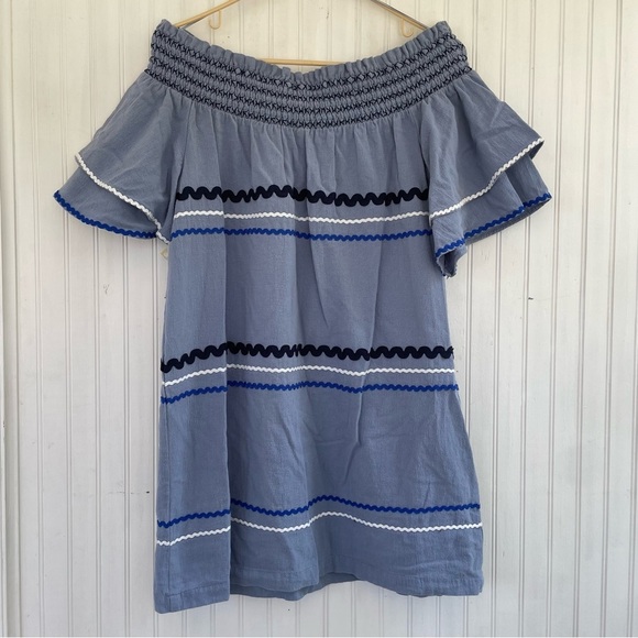 Mudpie Preppy Blue Finnigan Dress Stonewash Off Shoulder RickRack Dress Medium - Picture 3 of 9